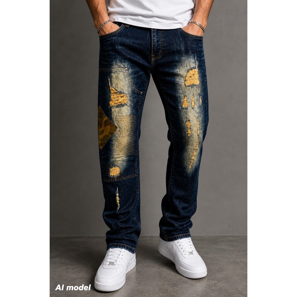 Distressed Patchwork Jeans 34x32 Slim‎ Fit Camo Streetwear Denim Thrashed